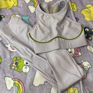 Fabletics White and Green Sports Bra and Leggings Set